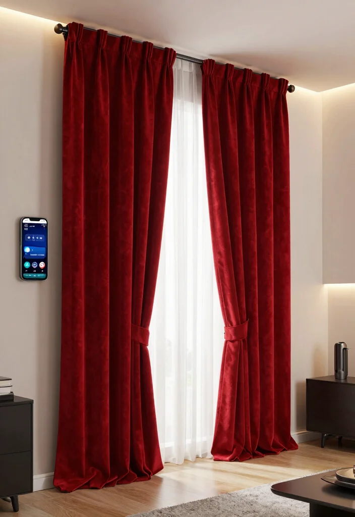 15 Red Velvet Curtains That Block Light for Movie Nights - 8. Smart Technology Integration 1