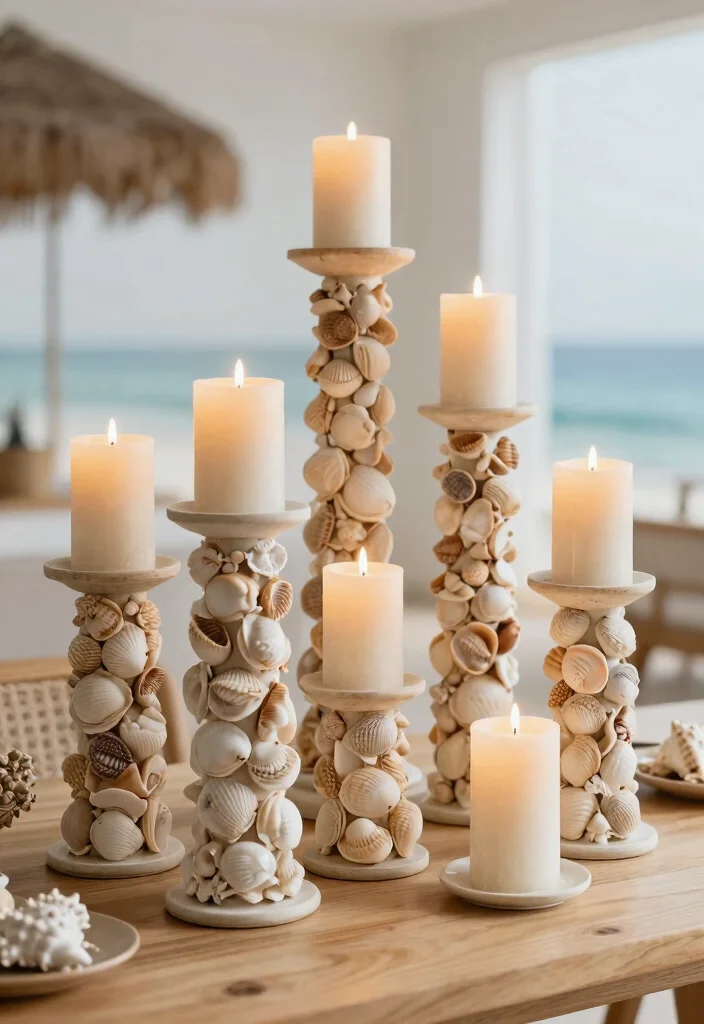 15 Seashell Candle Holder Ideas That Bring the Beach Indoors - 11. Tall Shell Pillar Holders 1