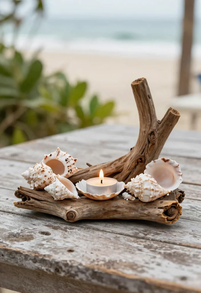 15 Seashell Candle Holder Ideas That Bring the Beach Indoors - 9. Shell and Driftwood Fusion Holders 1