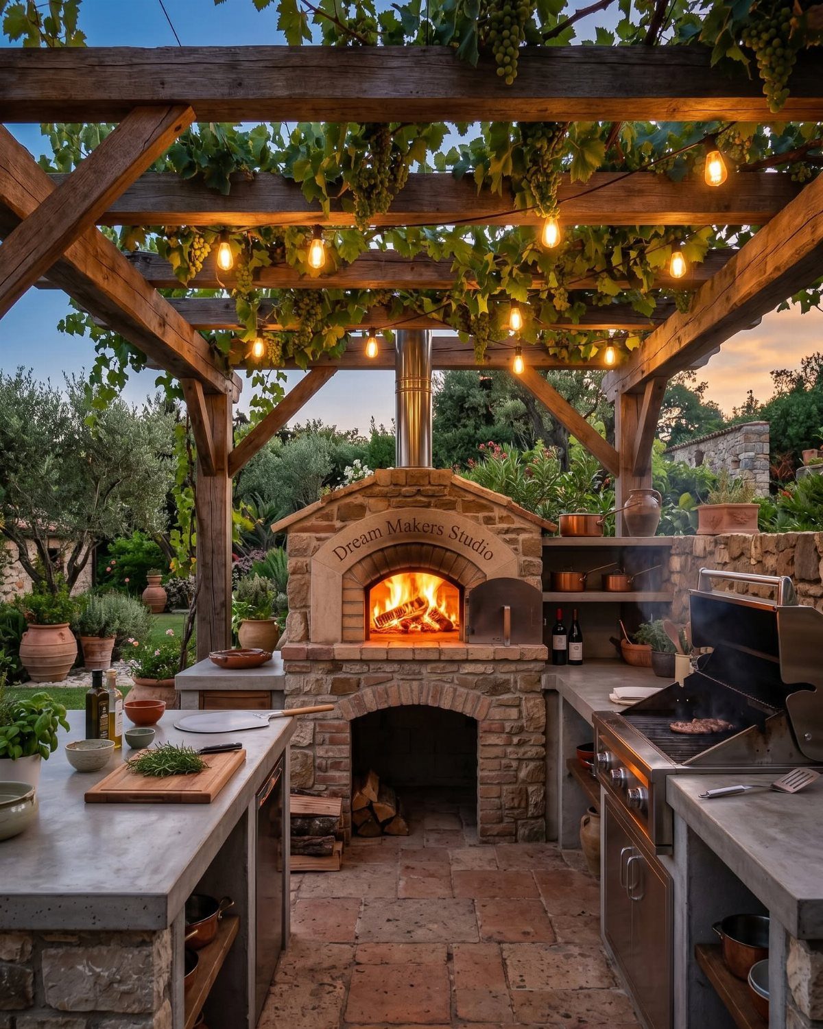 A stone pizza oven with a burning fire sits under a wooden pergola in an outdoor kitchen.