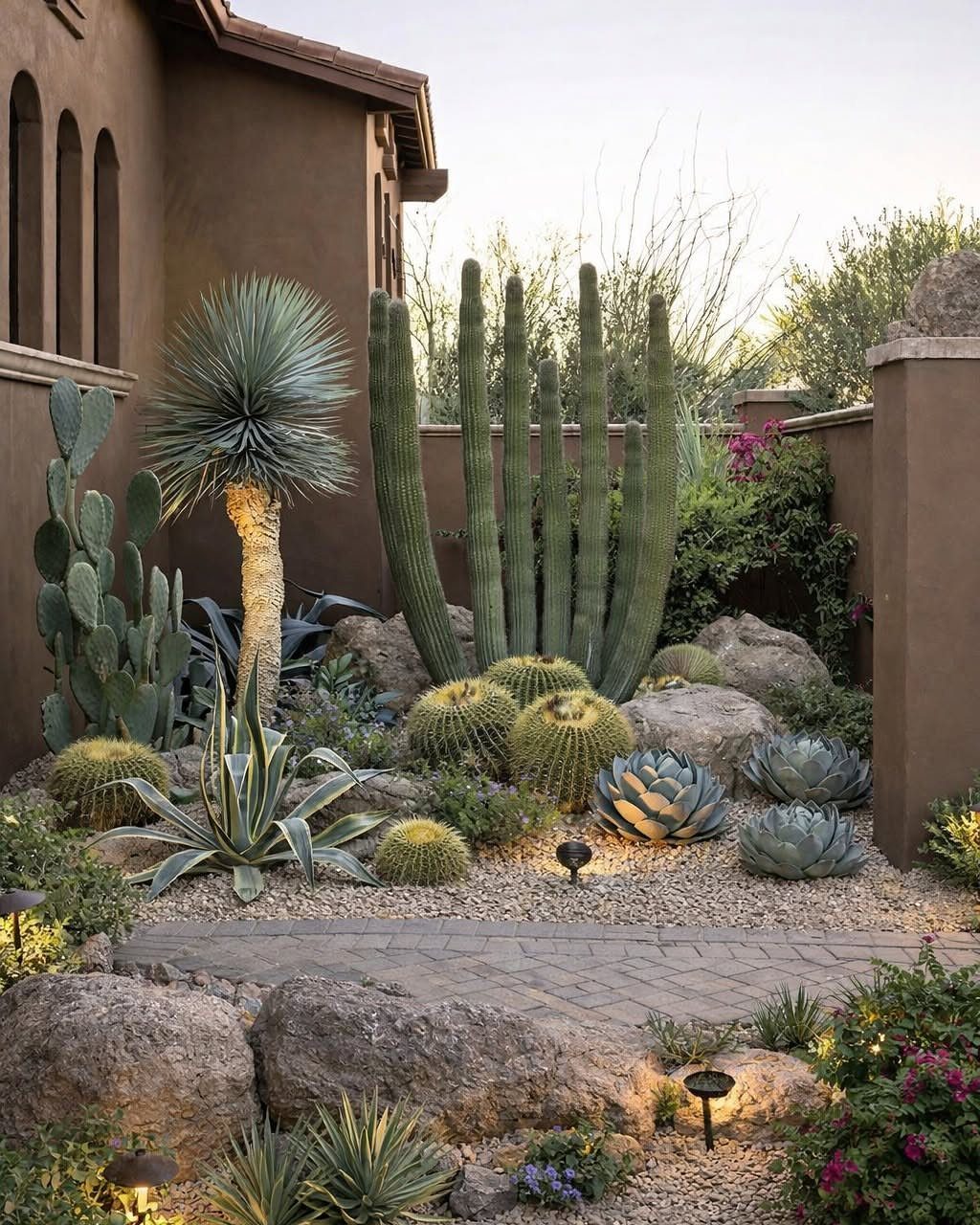 Various desert plants including saguaro, prickly pear, and agave arranged in a rock garden.