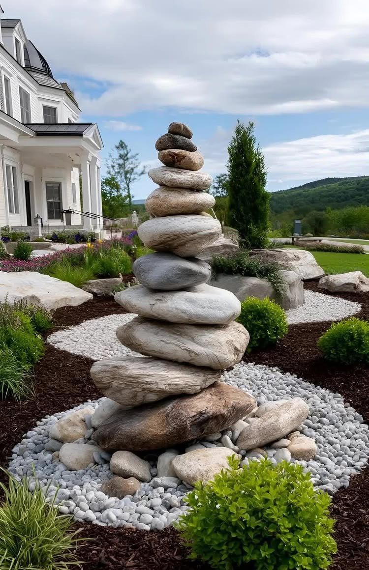 A tall stack of smooth, flat stones sits in a landscaped garden bed with white gravel.