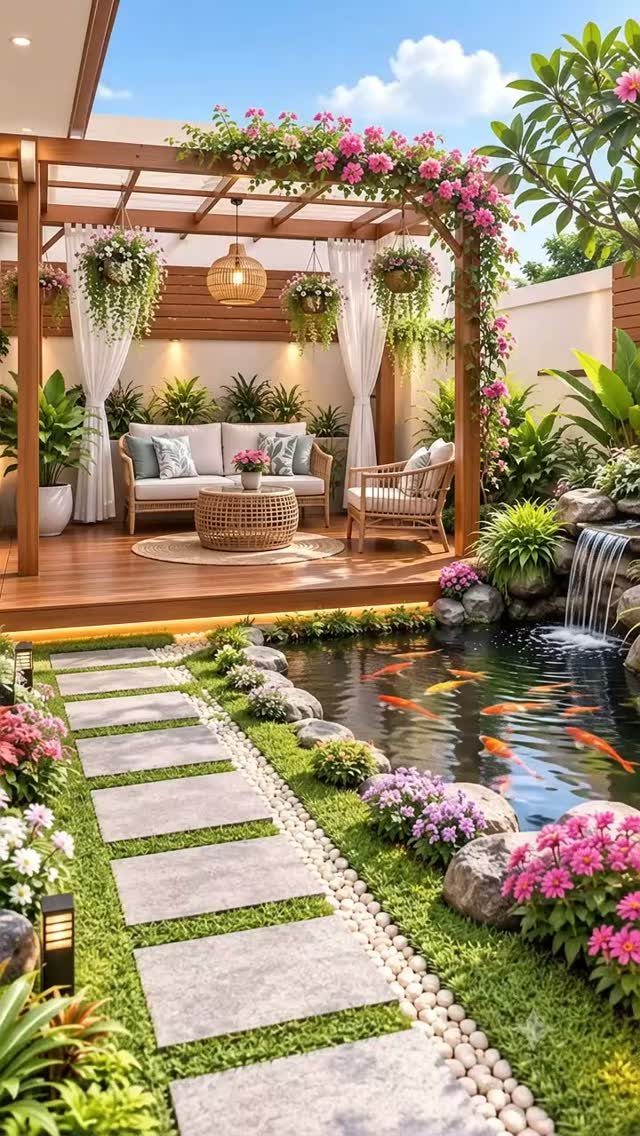 Wooden deck with a flowering pergola, outdoor furniture, and a koi pond in a lush garden.