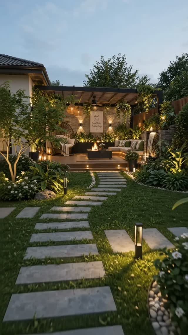 A cozy backyard patio with a fire pit, pergola, and stone pathway through a lush garden.