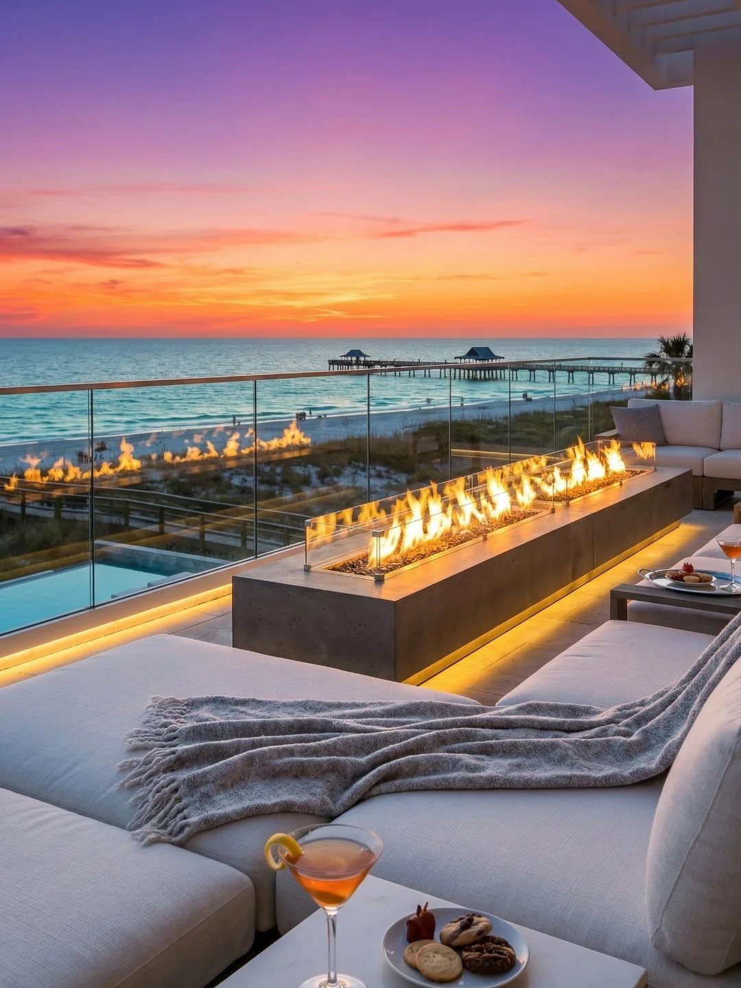 Modern outdoor deck with a long fire pit and lounge seating overlooking a sunset beach.