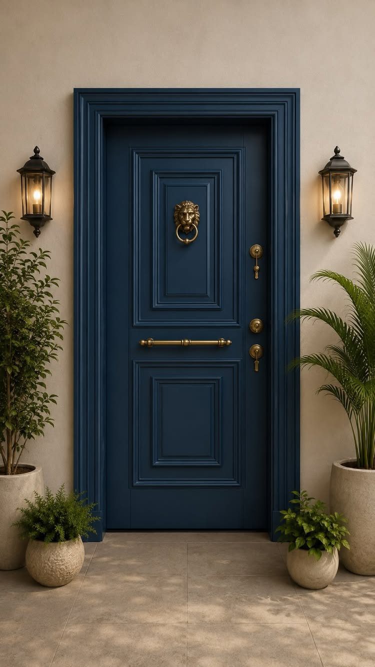 12 Trending House Colors for Exterior Looks in 2026 7 A navy blue paneled front door with gold hardware set against a beige wall with lanterns.