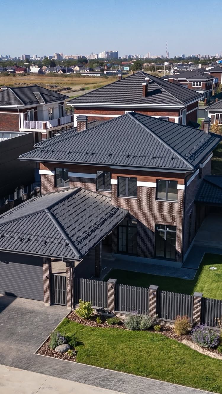 A modern two-story house with dark grey tiled roofs and brown brick exterior siding.