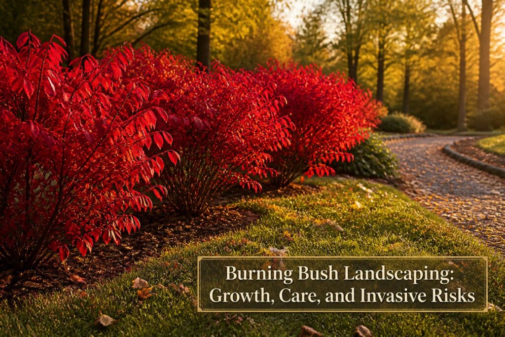 A bright red burning bush shrub in a landscaped garden.