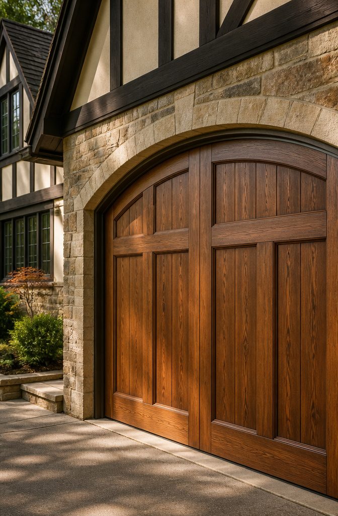 Carriage house doors with recessed panels and arch tops.
