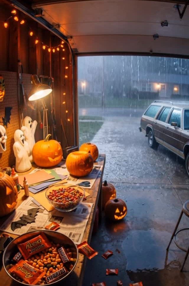 Carved orange pumpkins and bowls of candy sit on a table inside an open garage.