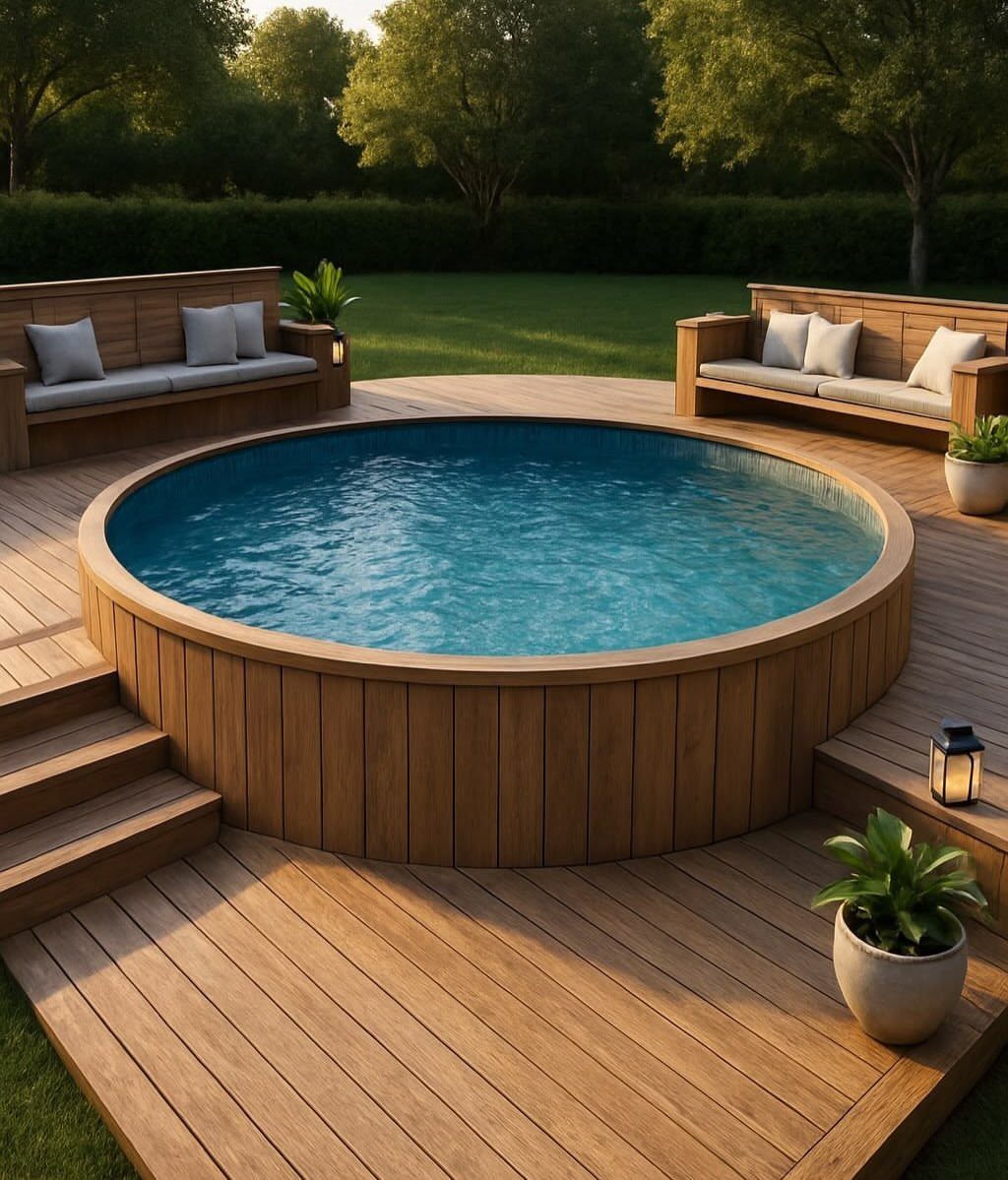 A circular wooden deck with built-in seating surrounding a small round swimming pool outdoors.