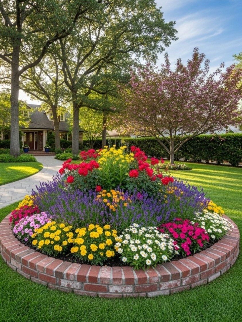 22 Flowers in Front of House Ideas for Curb Appeal 15 A circular brick planter filled with vibrant red, yellow, white, and purple flowers on a green lawn.