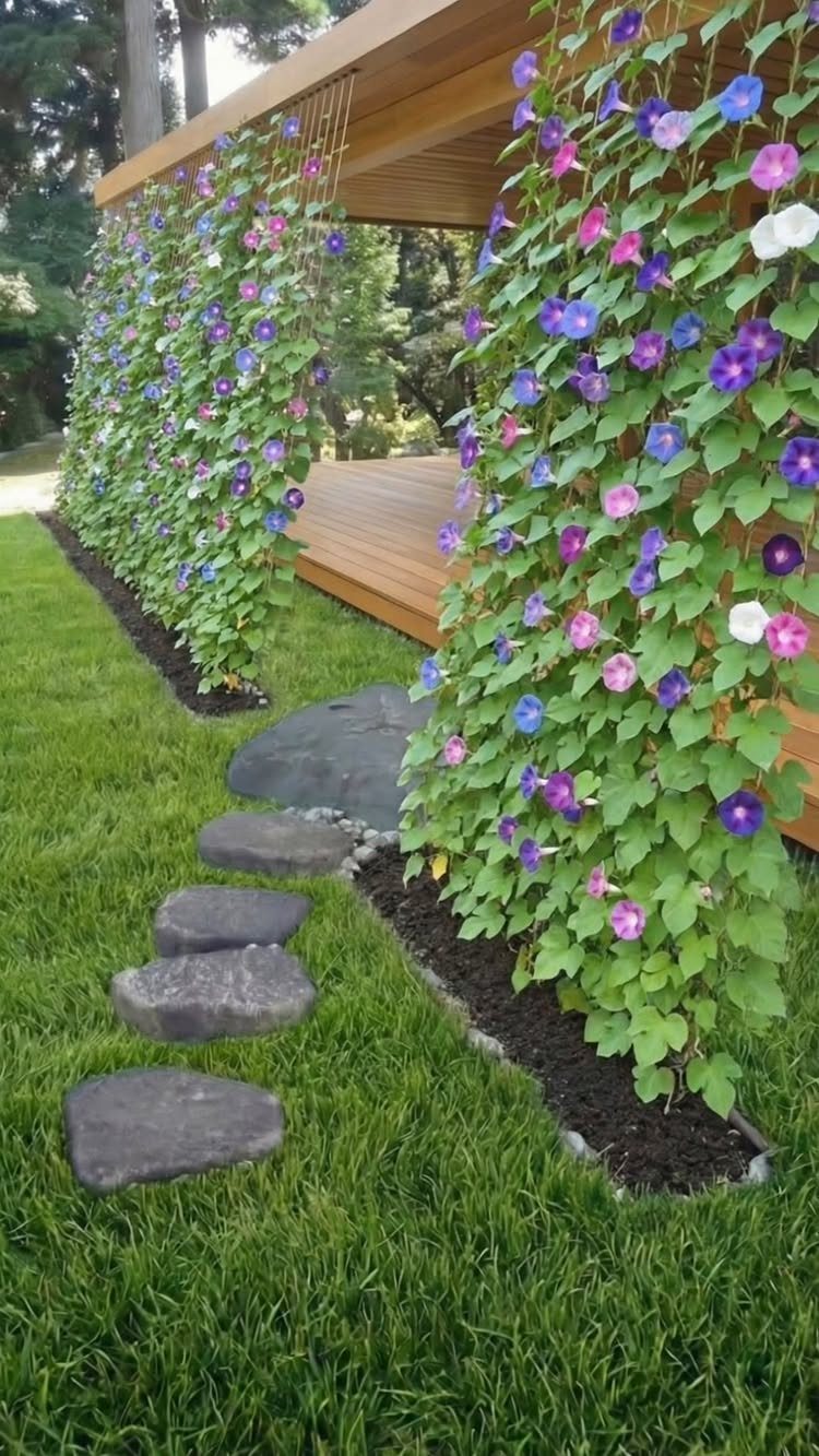 Purple and pink morning glory flowers climbing up a wooden pergola structure next to a deck.