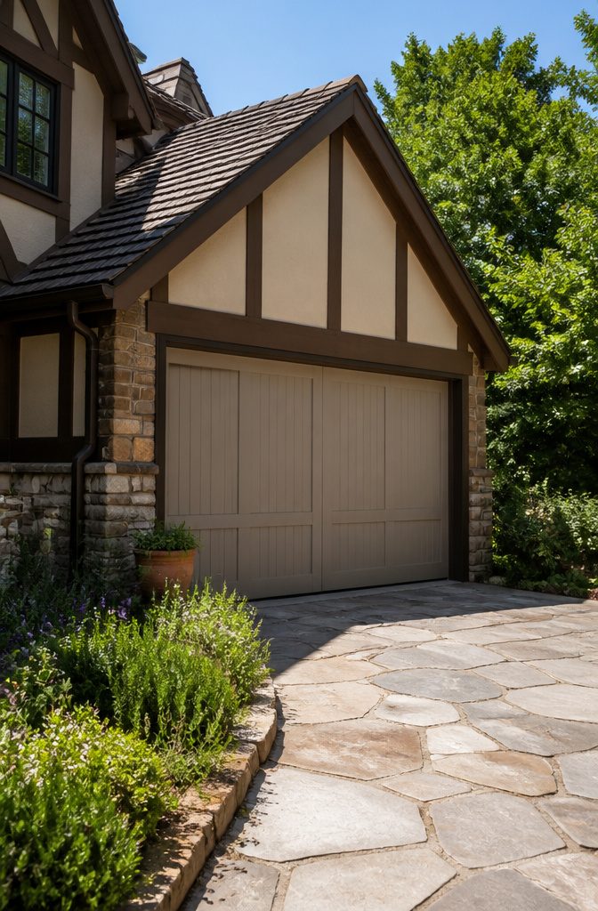 A composite garage door with even texture and mild grain.