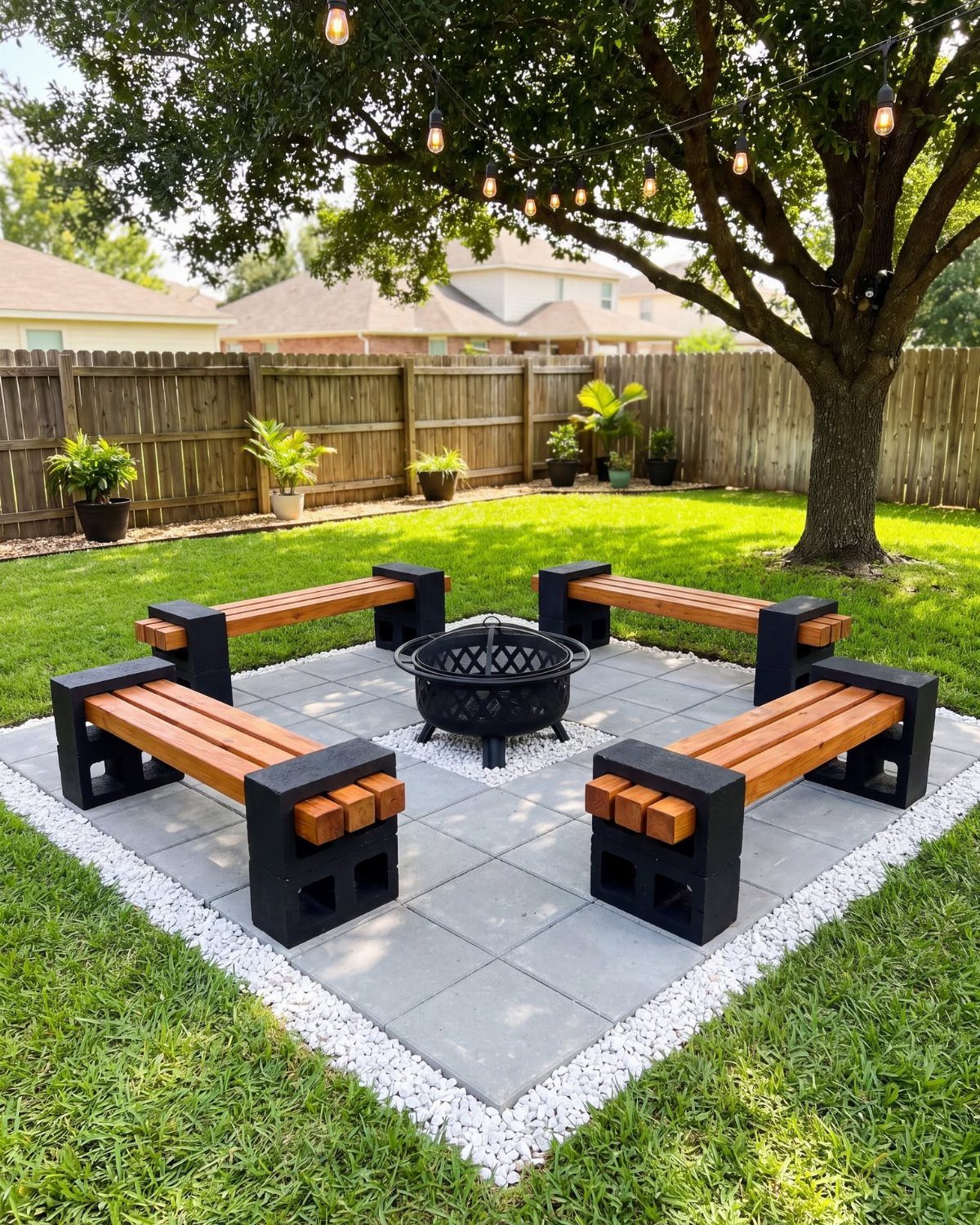 A black metal fire pit sits on grey concrete slabs surrounded by four wooden benches in a backyard.