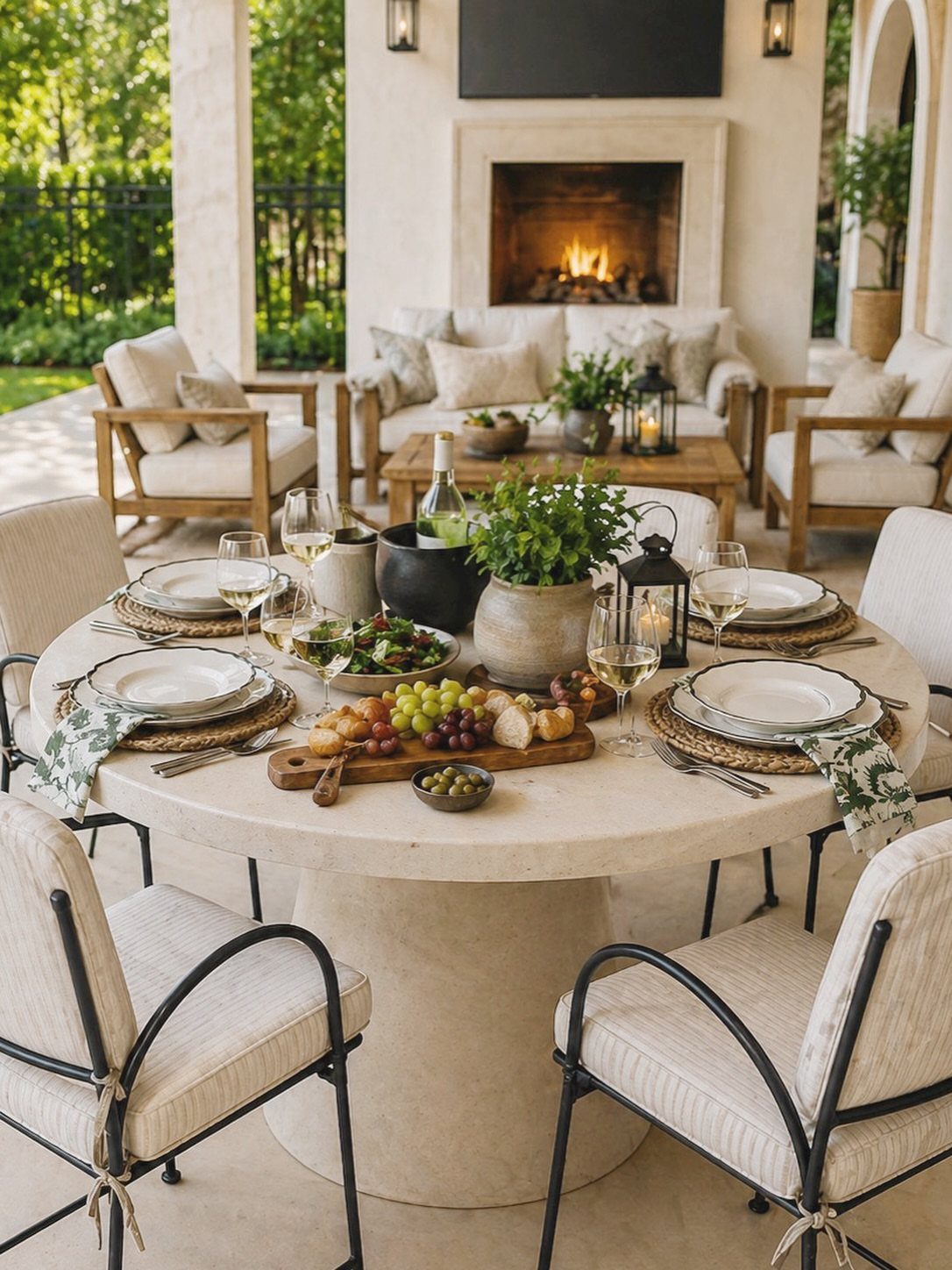 A set dining table with food sits before a cozy outdoor living room with a fireplace.