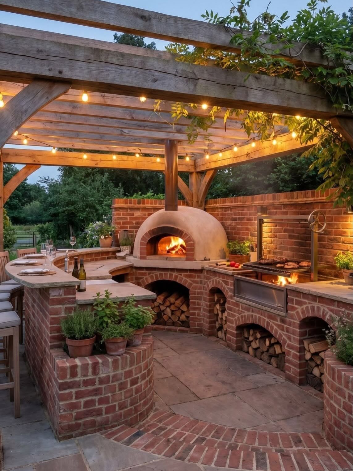 A brick outdoor kitchen with a pizza oven and grill under a wooden pergola.