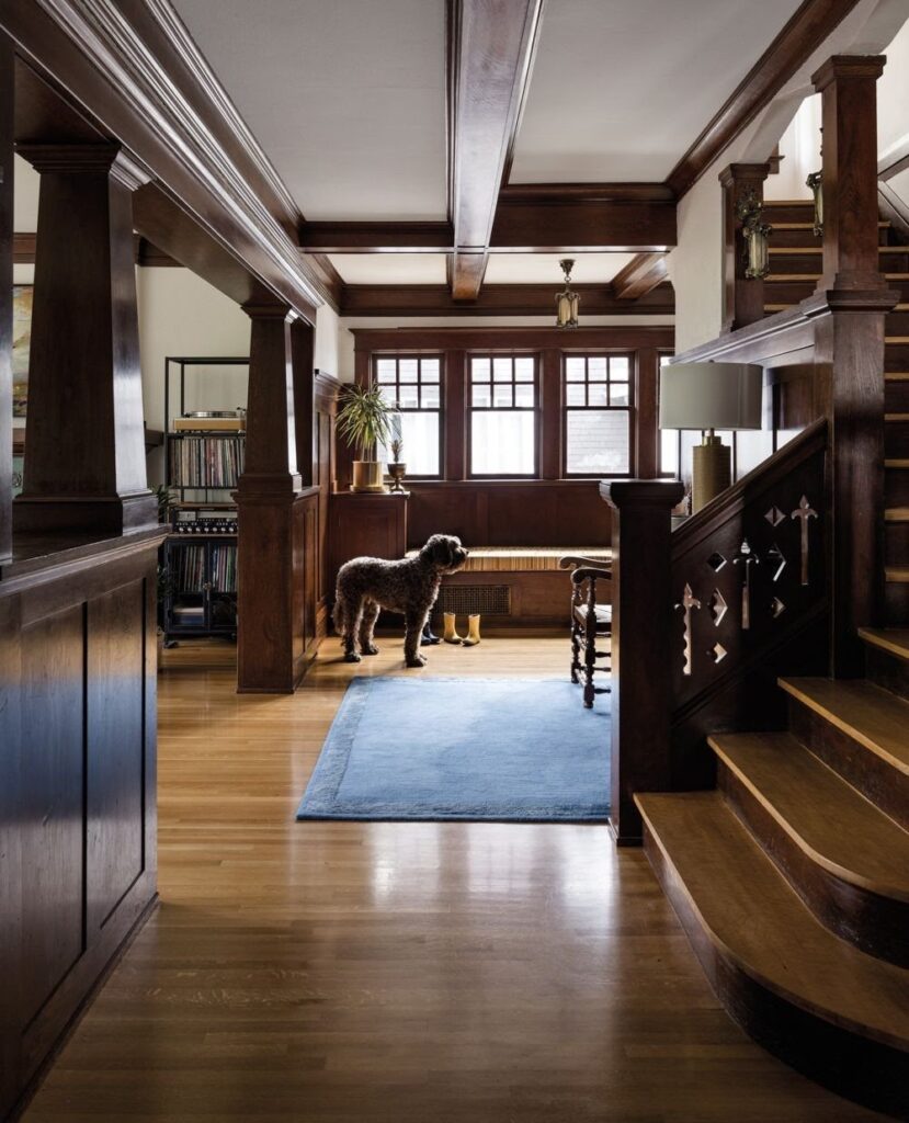 A brown dog stands on a blue rug in a craftsman style room with dark wood paneling.