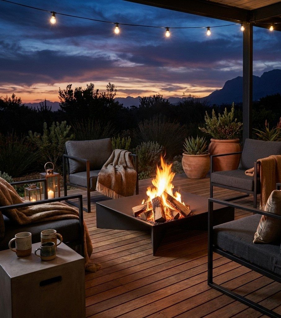 Modern outdoor fire pit area on a wooden deck with grey armchairs and a cube side table.