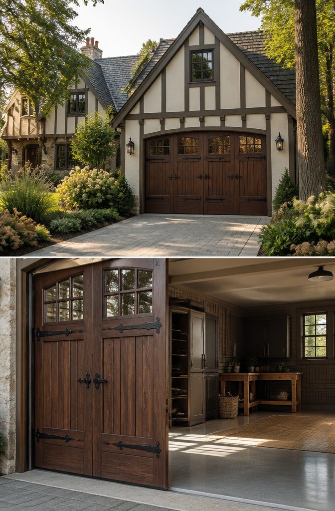 A Tudor-style home with a matching garage door.