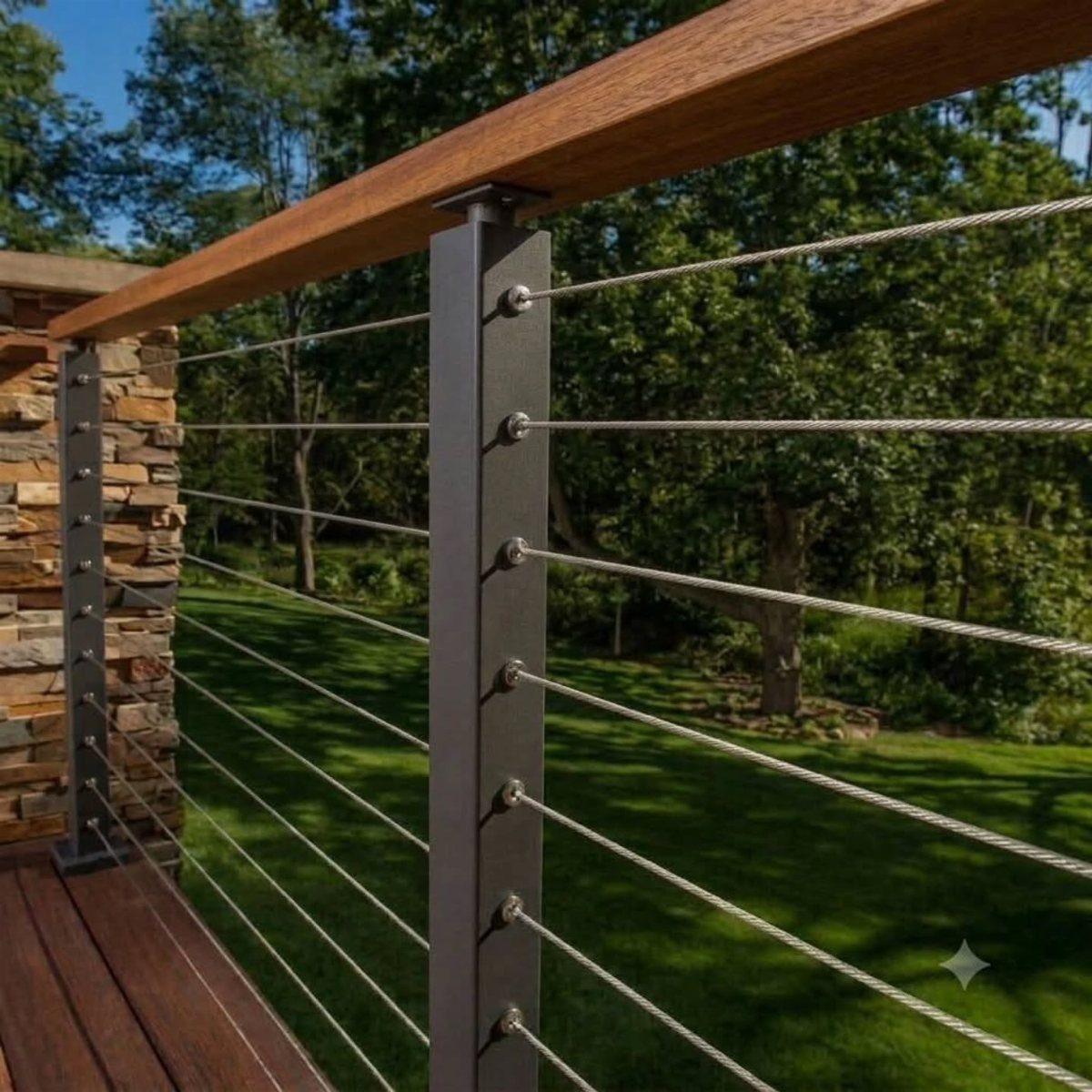 Modern deck balustrade with dark metal posts, wooden handrail, and horizontal stainless steel cables overlooking a garden.