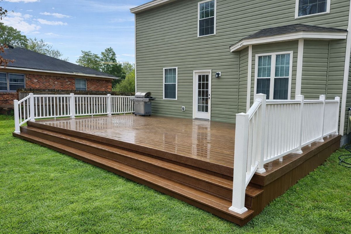 A brown wooden deck with white railings attached to a green house with a green lawn.