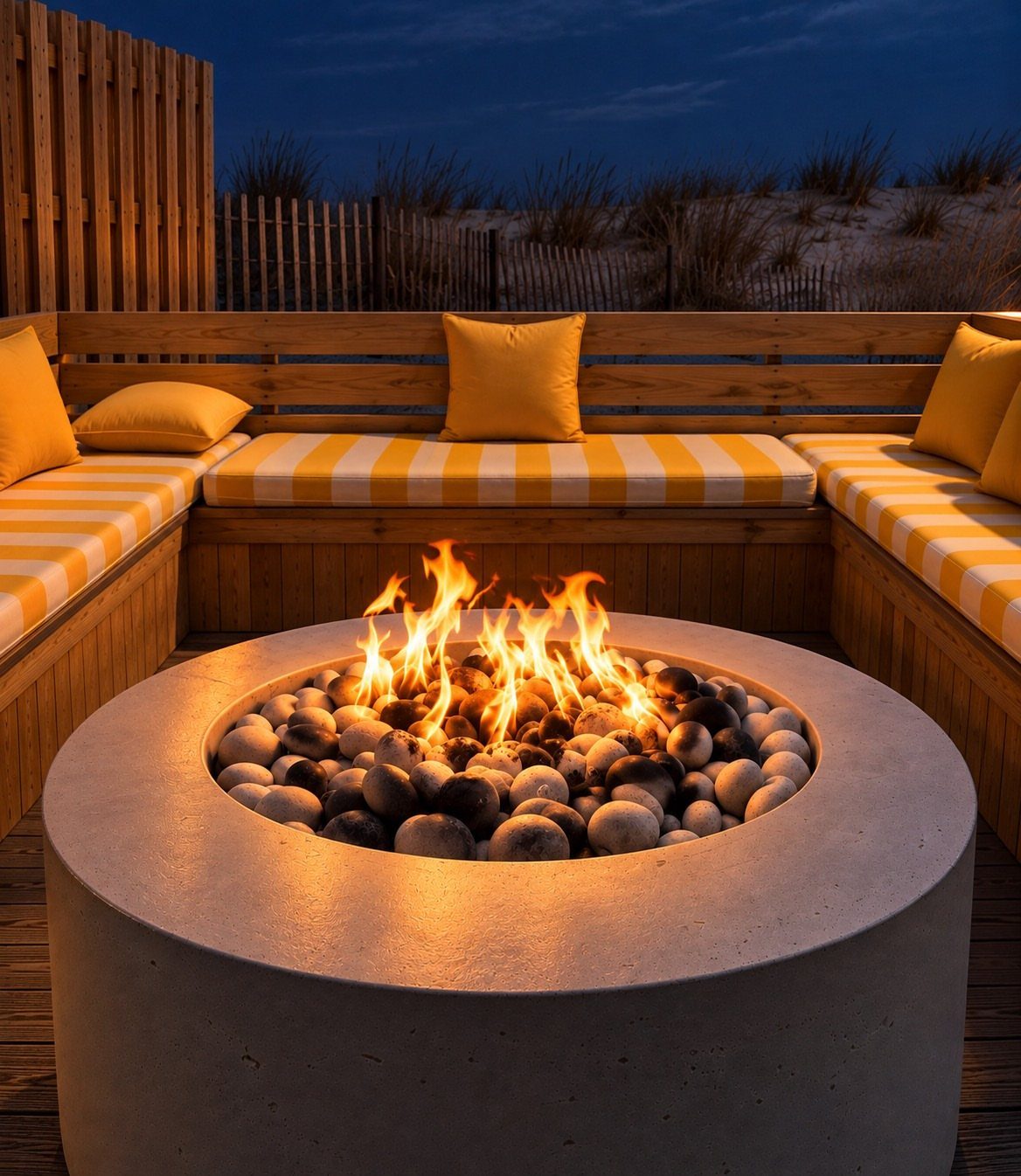 17 Beach House Deck Ideas for Oceanfront Living 8 A circular concrete fire pit with dancing flames sits on a wooden deck with striped cushions.