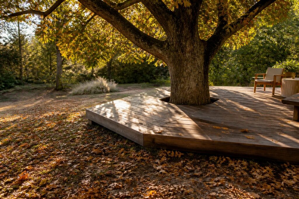 A deck built around a large tree, demonstrating thoughtful integration with nature.