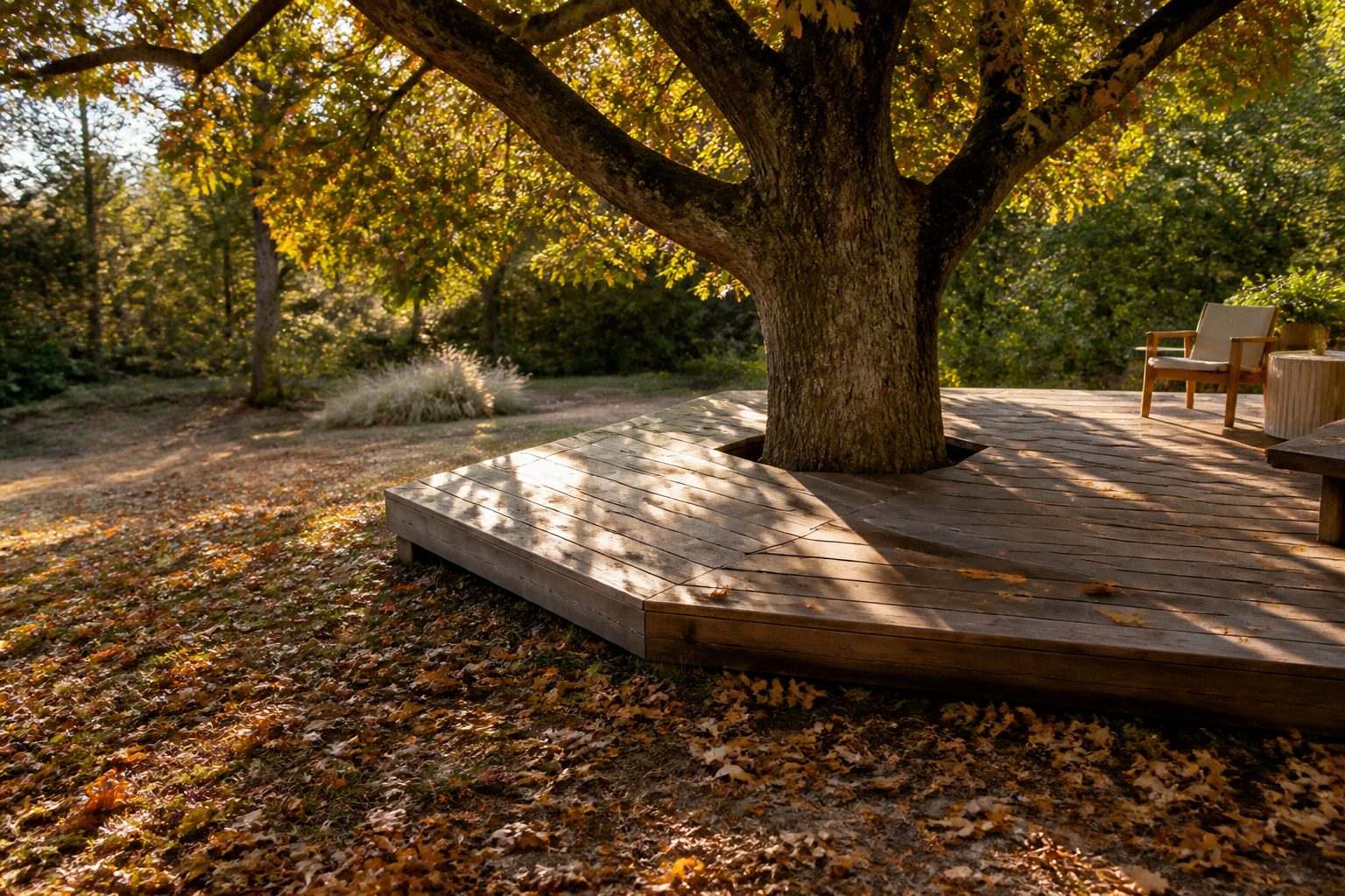 A deck built around a large tree, demonstrating thoughtful integration with nature.