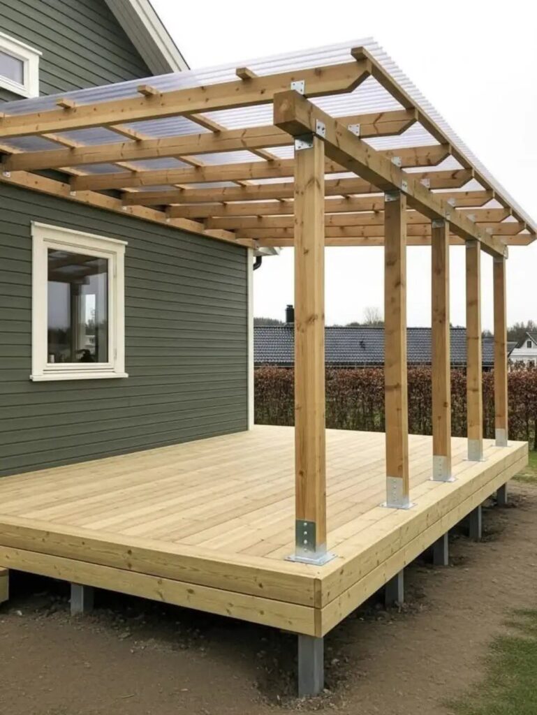 A wooden deck with a translucent roof pergola attached to a green house exterior.