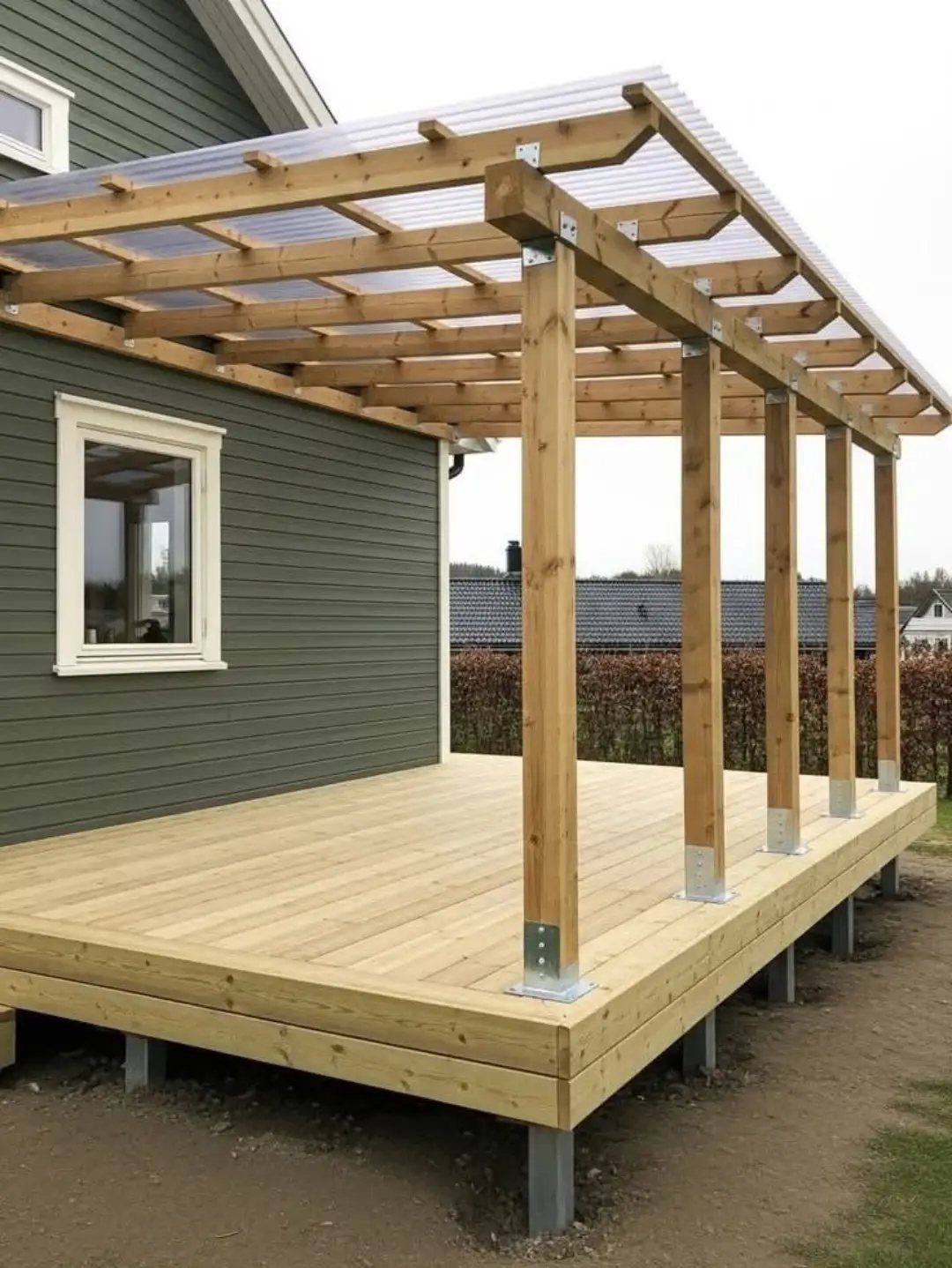 A wooden deck with a translucent roof pergola attached to a green house exterior.