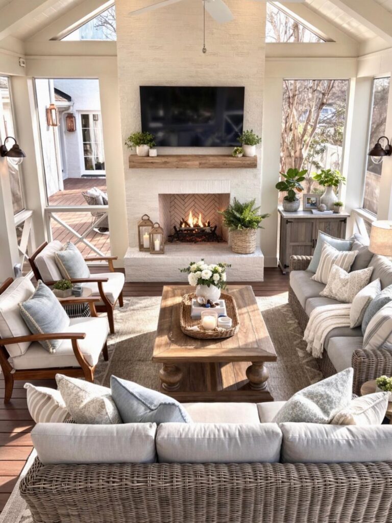 A bright screened-in porch with comfortable seating, a stone fireplace, and a wooden coffee table.