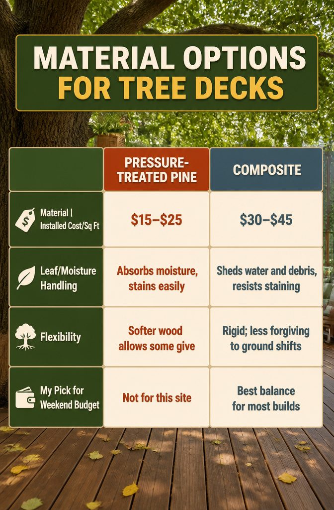 Building a Deck Under a Tree: Plan, Materials, and Root-Safe Construction 3 A chart comparing decking materials and their moisture handling properties.
