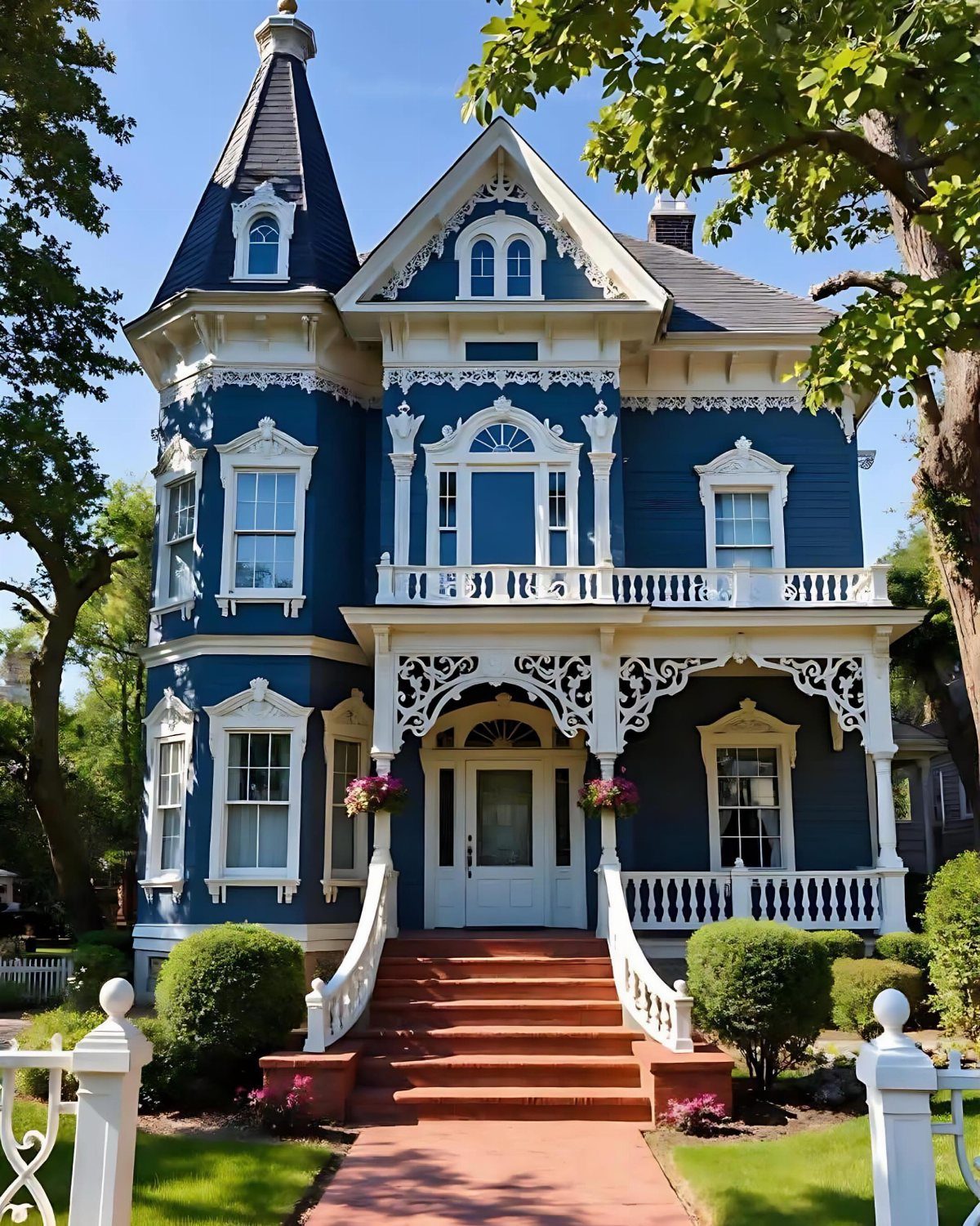 A blue Victorian house with intricate white architectural trim and a prominent turret under a blue sky.