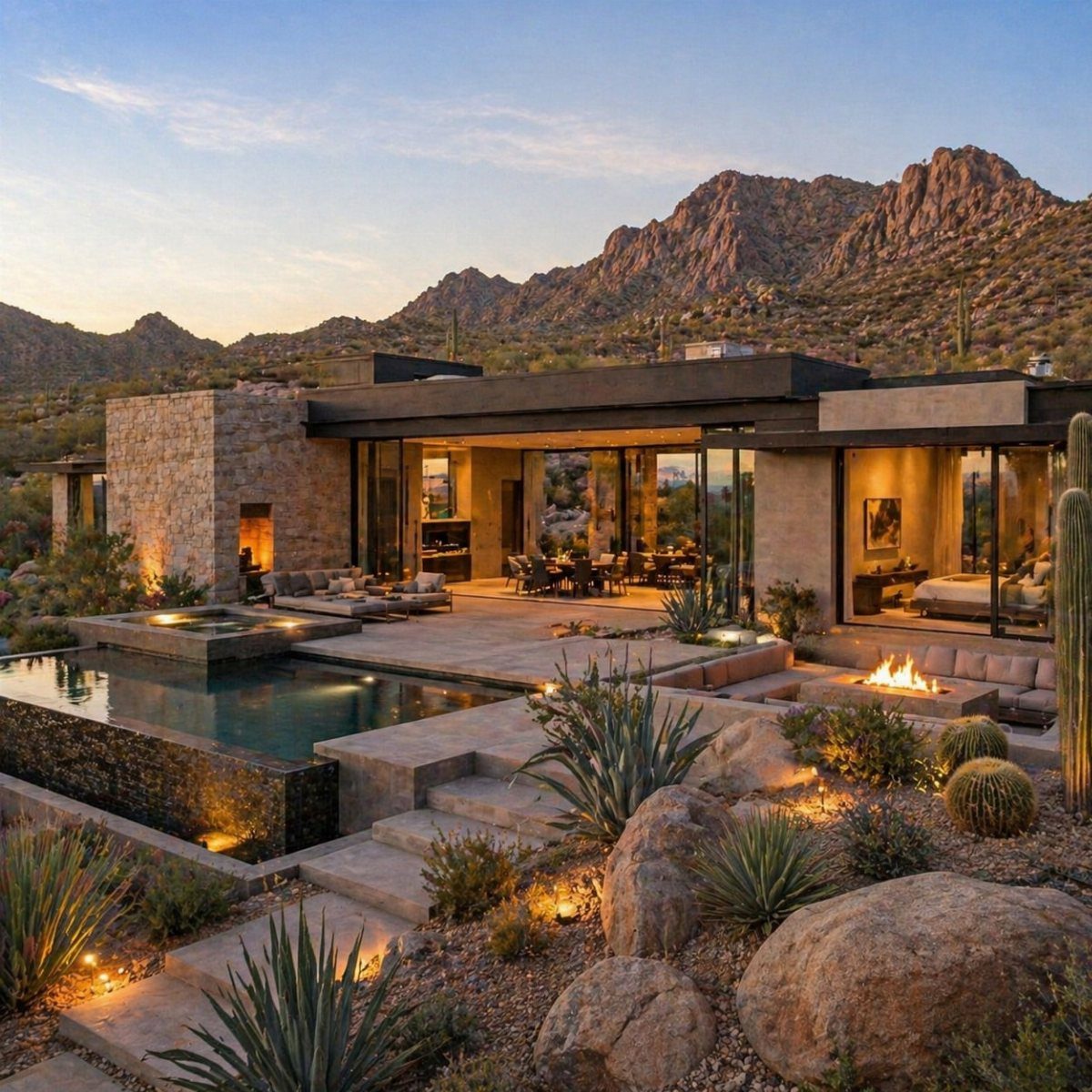 Modern desert home with a swimming pool, stone architecture, and landscaped desert plants against mountains.