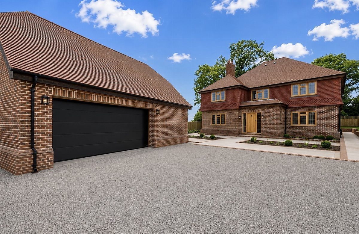 A brick detached garage with a black door facing a large two-story brick house.