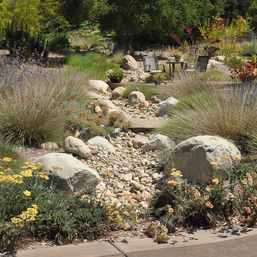 A winding dry river bed of light river rocks surrounded by ornamental grasses and large boulders.