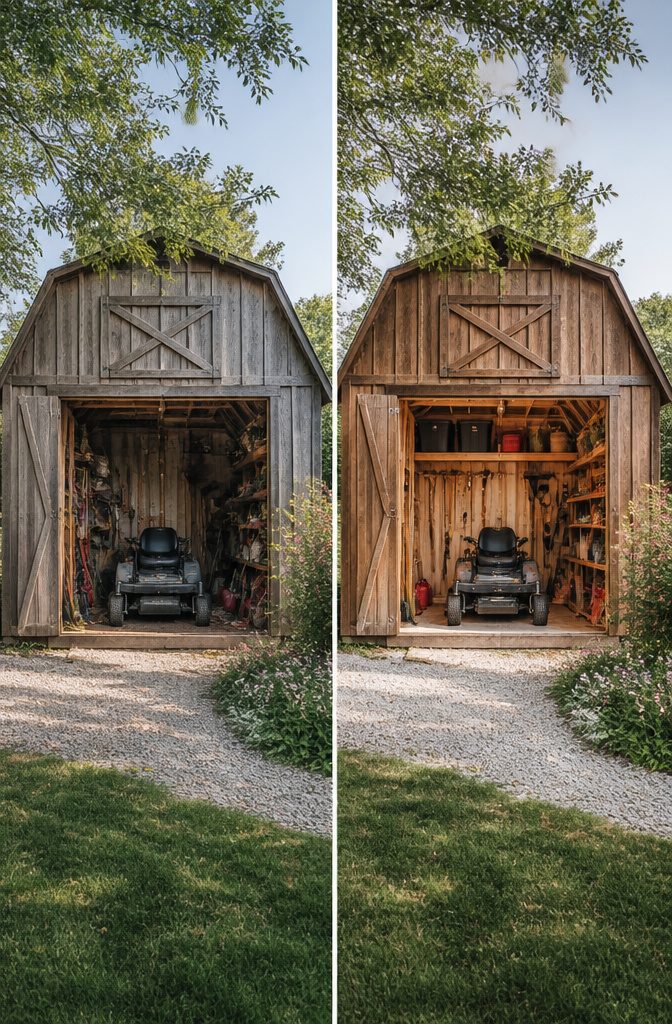 Shed for Zero Turn Mower: Sizes, Doors, Ramps and 8 Styles Compared 6 Dutch Barn shed with ample space for a workbench and mower.