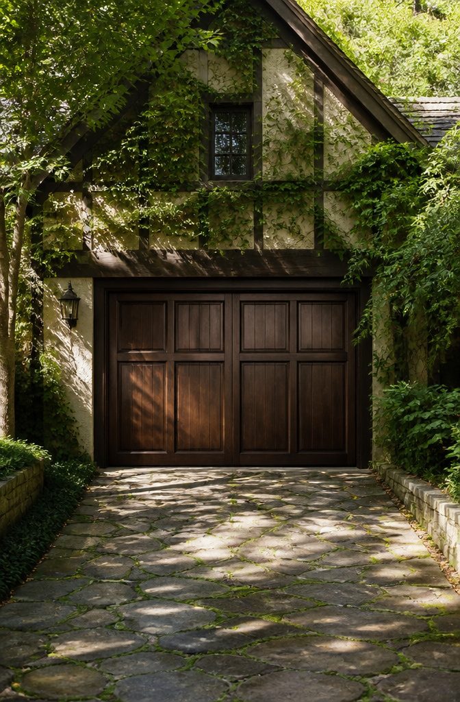 A deep brown garage door against a stucco wall and greenery.
