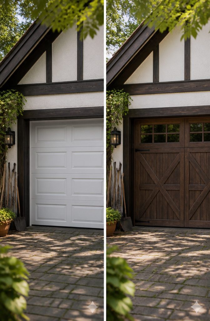 A faux wood overlay garage door with a traditional appearance.
