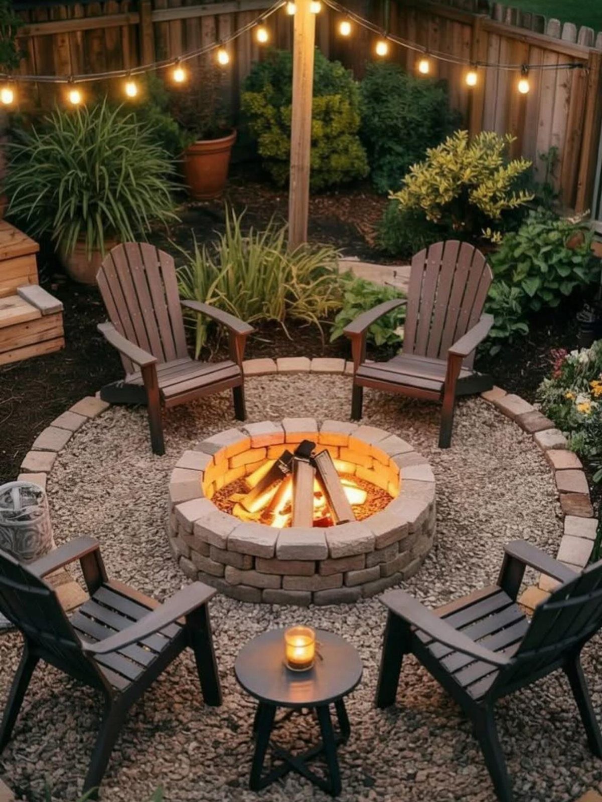 A stone fire pit with burning logs surrounded by four wooden chairs on gravel.