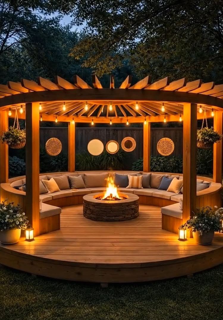 12 Deck with Gazebo Ideas for Outdoor Dining and Relaxation 4 A circular wooden deck with a central fire pit and curved seating under a lit pergola.
