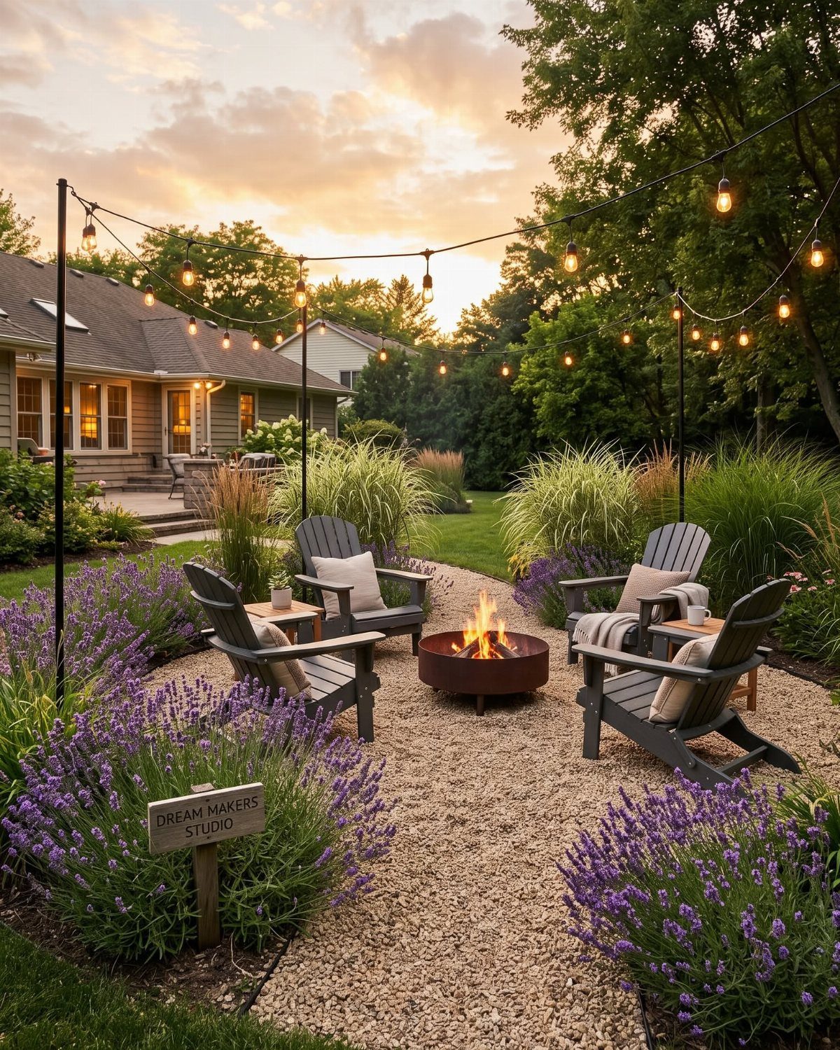A gravel fire pit area surrounded by lavender plants and tall grasses under string lights at sunset.