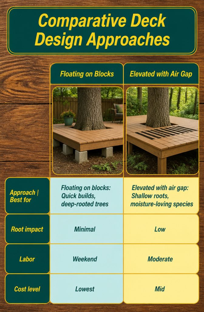 Building a Deck Under a Tree: Plan, Materials, and Root-Safe Construction 9 An illustration comparing different deck designs around trees.