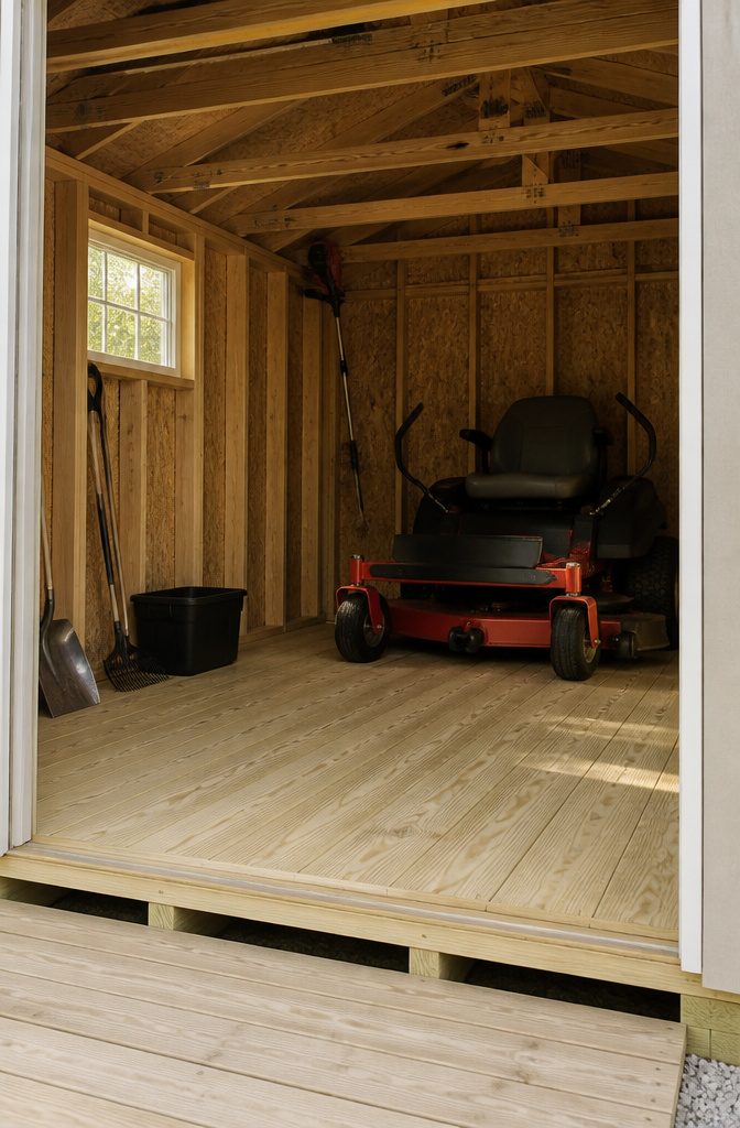 Shed for Zero Turn Mower: Sizes, Doors, Ramps and 8 Styles Compared 4 Strong shed floor with reinforced joists for heavy equipment.