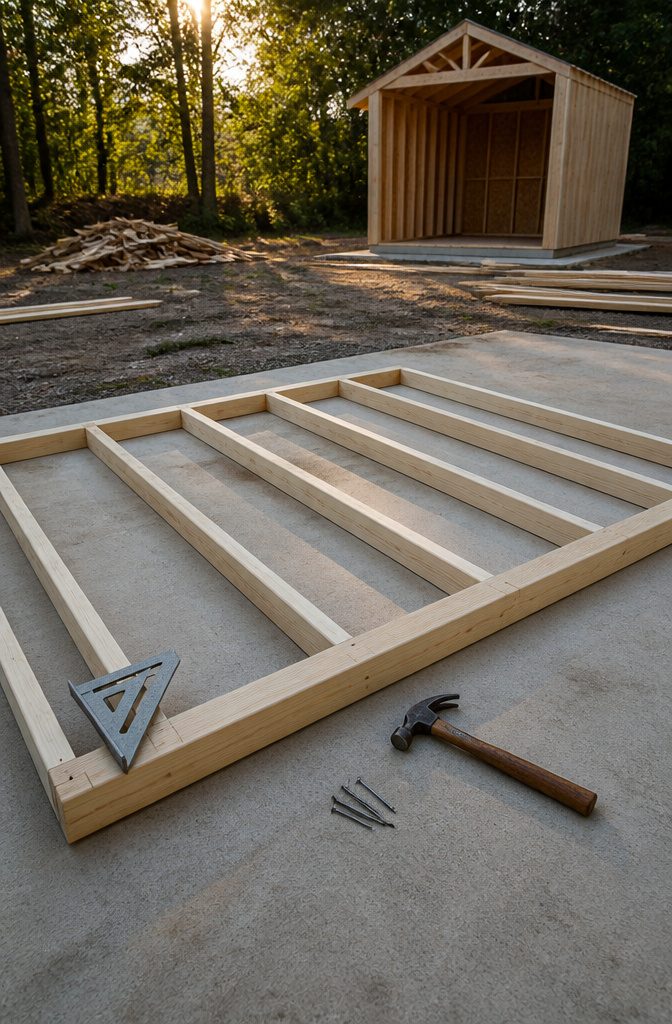 How to Build a Shed Fast: Quick Build Shed Guide 4 A horizontal wall frame laid out for assembly in a workspace.