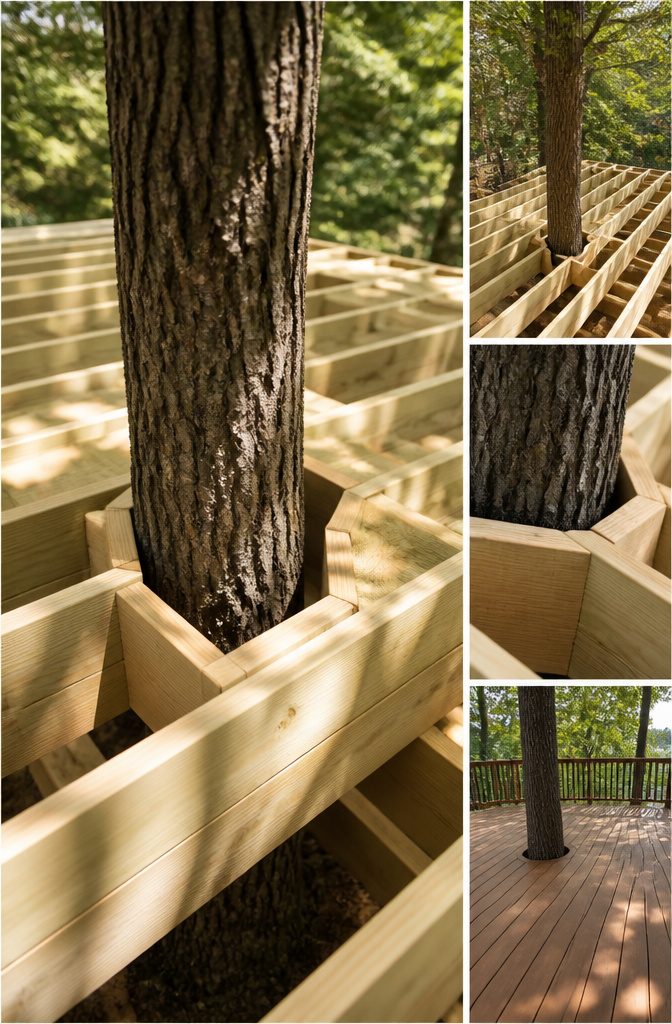 Building a Deck Under a Tree: Plan, Materials, and Root-Safe Construction 6 Joists with a cutout framing around a tree trunk.