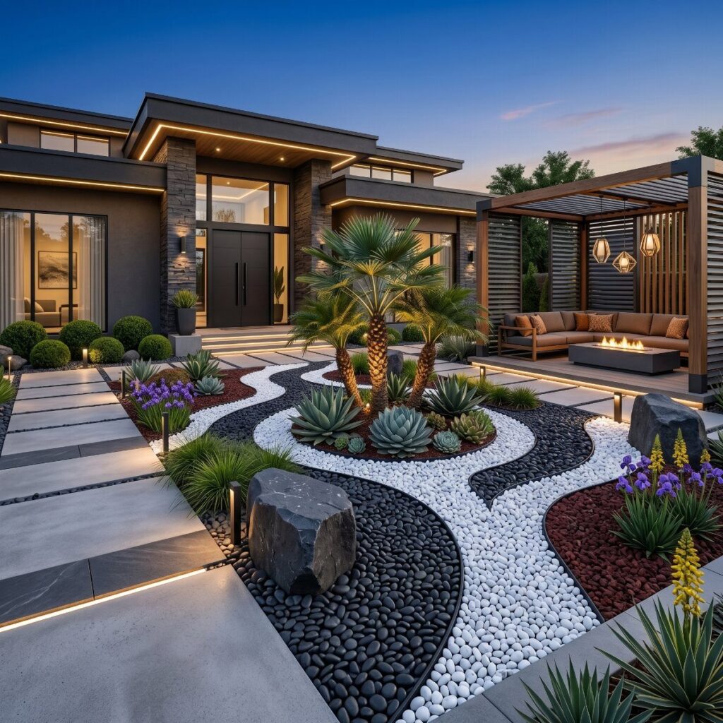 A modern front yard landscape with winding pebble paths, succulents, and decorative rocks near a contemporary house.