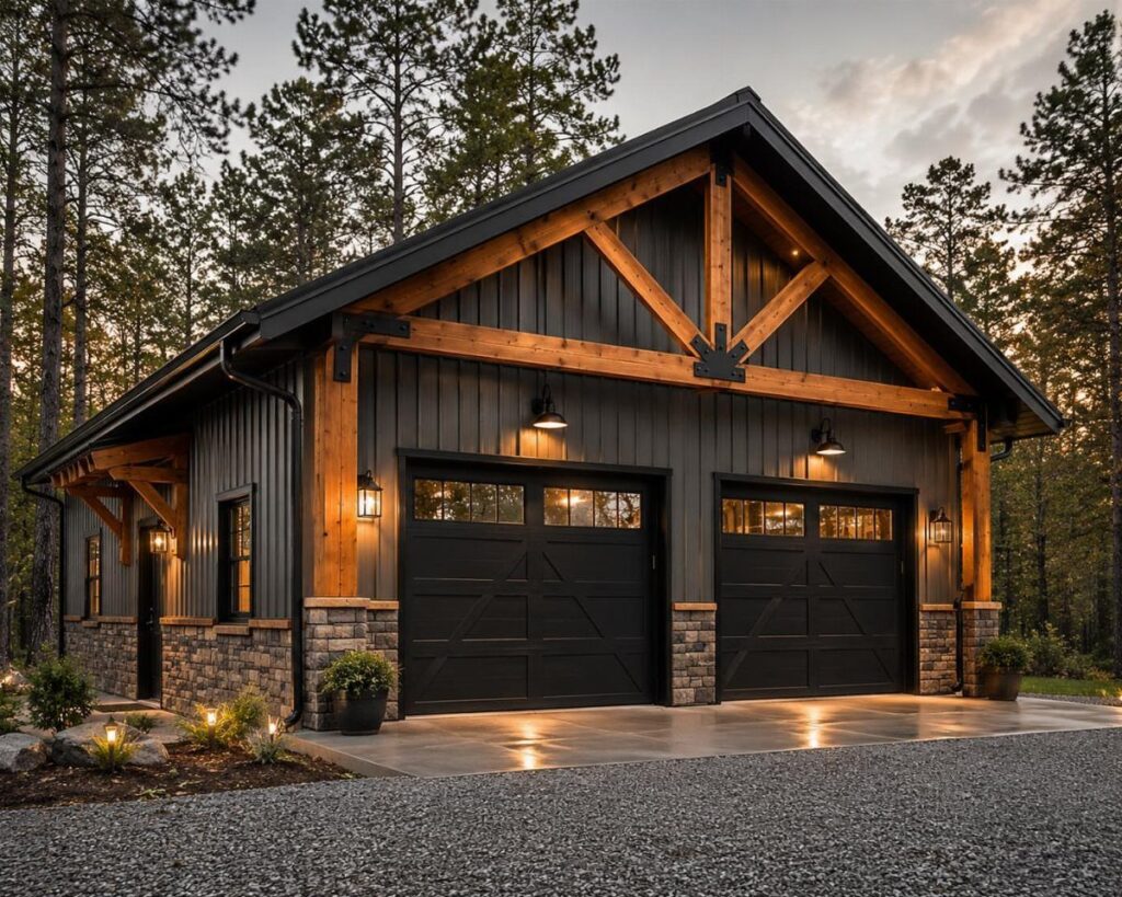 A dark grey garage with a gable roof and prominent wooden timber trusses in a forest.