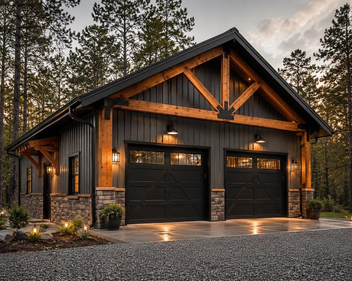A dark grey garage with a gable roof and prominent wooden timber trusses in a forest.